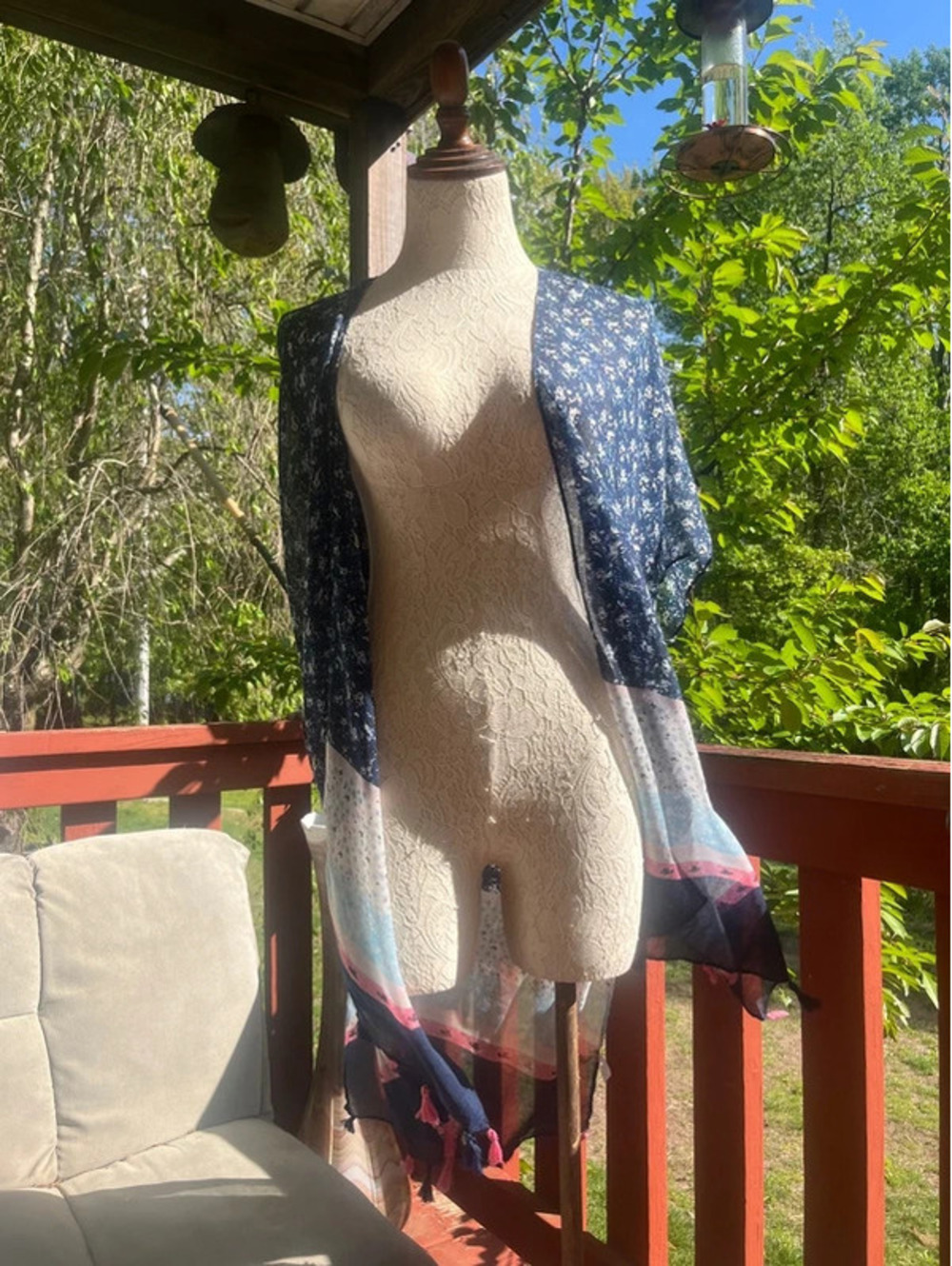 Dress and bathing suit, cover-up, floral, tassels, blue pink flowy light weight